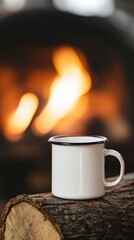 Warm Cozy Beverage Mug on Log with Flames in Background