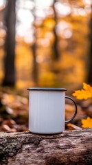 Enamel Mug on Log Surrounded by Golden Autumn Foliage in Forest