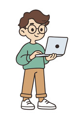 Cartoon-style young man wearing glasses using a laptop while standing, dressed casually with a confident expression. Concept of remote work, digital learning and modern technology use
