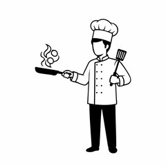 Chef Cooking with Spatula and Frying Pan Portrayed in Black and White Style for Culinary Blogs, Restaurant Menus, Cooking Tutorials, and Food Industry Promotion  