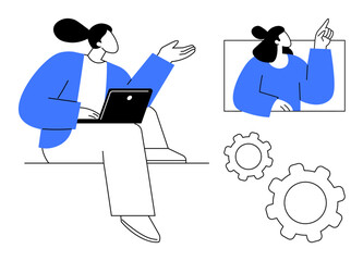 Person holding a laptop seated while gesturing and interacting with another individual on a screen. Includes two gears representing productivity. Ideal for remote work, video meeting, workflow