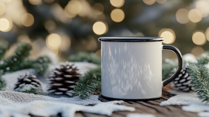 Cozy Cup in Winter Scene with Pine Cones and Soft Snow Background