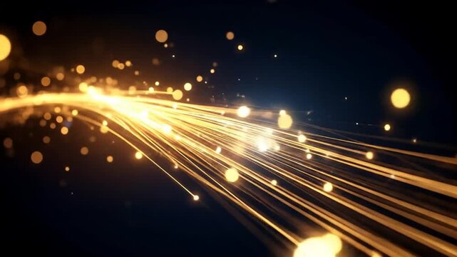 Streaks of golden light emanate from a central point against a dark background, interspersed with glowing particles.