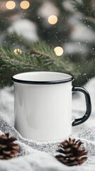 Cozy White Mug Surrounded by Pine Cones and Evergreen Branches