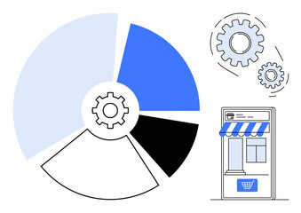 Pie chart with gear in the center and online storefront adjacent, suggesting data analysis and e-commerce. Ideal for business operations, analytics, e-commerce, teamwork, planning, growth, strategy