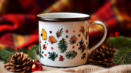 Decorative Enamel Mug with Floral and Nature Design on Cozy Background