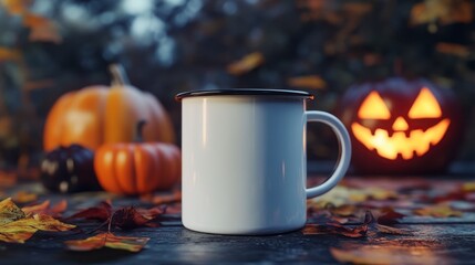 Autumn Scene with Pumpkin, Leaves, and Empty White Enamel Mug