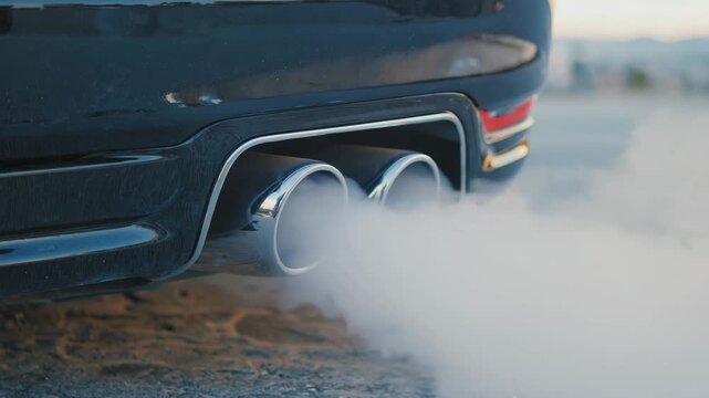 Exhaust Emission: A detailed view of a car's exhaust pipe emitting smoke, capturing the release of gases into the environment and a hint of the car's design.