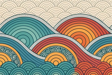Stylized japanese seigaiha wave pattern in warm sunset colors