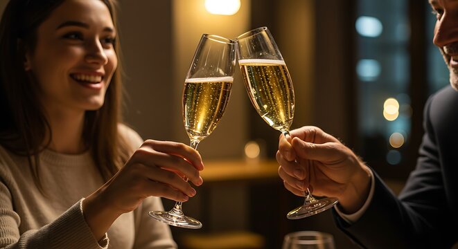 Cheers to Celebration: A romantic couple joyfully clinking champagne flutes, celebrating an anniversary or special occasion. Captured in soft lighting, the scene emanates warmth and contentment.