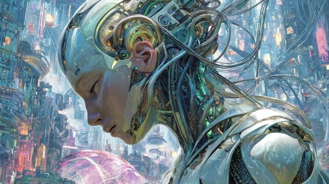 Futuristic humanoid robot contemplates glowing orb against a vibrant cityscape backdrop
