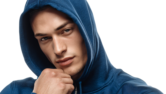 Brooding young man in hoodie stares intently at the viewer