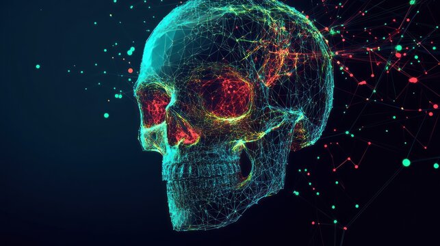 Digital Skull, Network, Data, Abstract, Cyberpunk, Background, Glow, Art, Concept, Illustration