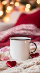 Cozy cup on warm blanket with heart and festive background lights