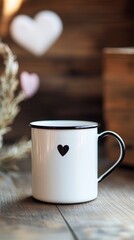 White Ceramic Mug with Black Heart Design on Rustic Wooden Table