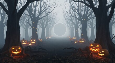 Eerie halloween forest path with glowing pumpkins and a mysterious portal creating a spooky