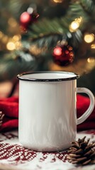 White Mug on Table with Christmas Decorations and Pine Cones