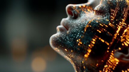 Futuristic digital human head with glowing data points and binary code, dark blue background, orange neon lights, AI technology integration