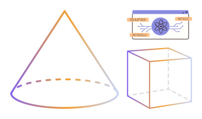 Gradient cone, cube, and atom diagram with lines on digital window interface. Ideal for education, geometry, technology, quantum physics, innovation, STEM visuals simple flat metaphor
