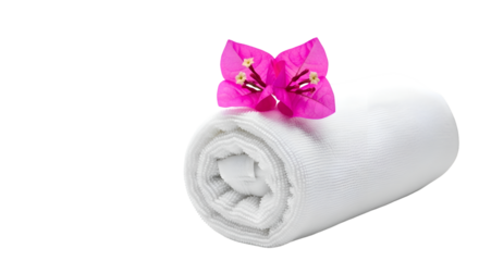 Rolled White Towel Displays Pink Flower on Transparent Background for Spa and Wellness Themes