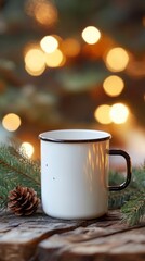 Cozy White Mug and Pinecone on Wooden Table with Blurred Lights