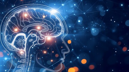 Futuristic digital human head with glowing data points and binary code, dark blue background, orange neon lights, AI technology integration