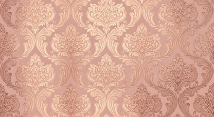 An ornate, repeating damask pattern in shades of light pink and beige, creating a vintage and elegant textured background.