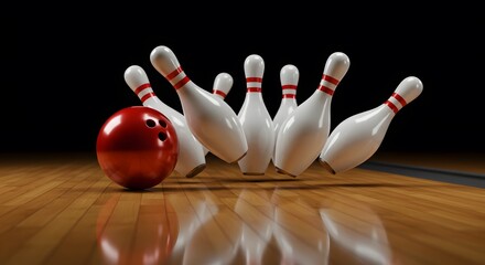 Red Bowling Ball Knocking Down Pins on Wooden Lane in Dramatic Action Shot
