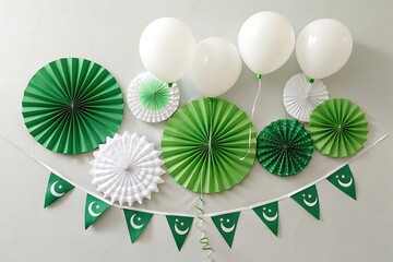 Obraz premium Happy Independence Day Green Balloons on Stage with Flag – 3D Render