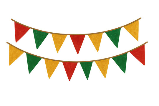 Colorful triangular pennant strings suspended, casting celebratory shadows on transparent surface