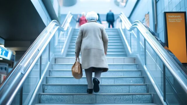 駅の階段を上るアジア人のシニア女性の後ろ姿