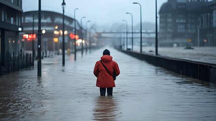 An individual in a red hooded jacket stands in deep murky floodwaters on a submerged city street