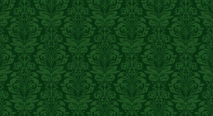 Dark green damask pattern with repeating floral and leaf motifs creating a luxurious and elegant wallpaper design.