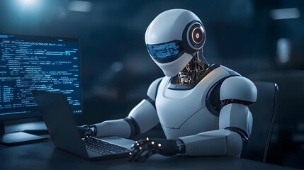 White robot sitting at a dark desk typing on a laptop with a monitor displaying blue computer code