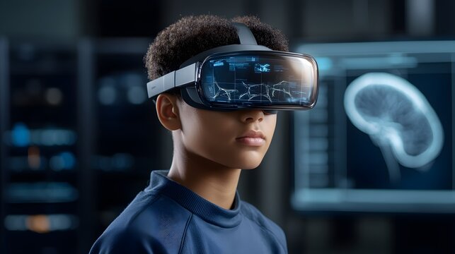 Young person wearing an advanced virtual reality headset viewing a glowing digital interface Scientific data is blurred