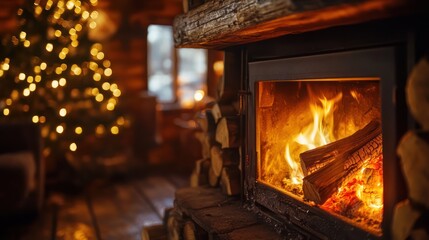 Cozy holiday ambiance: illuminated Christmas tree and blazing fireplace in a rustic cabin