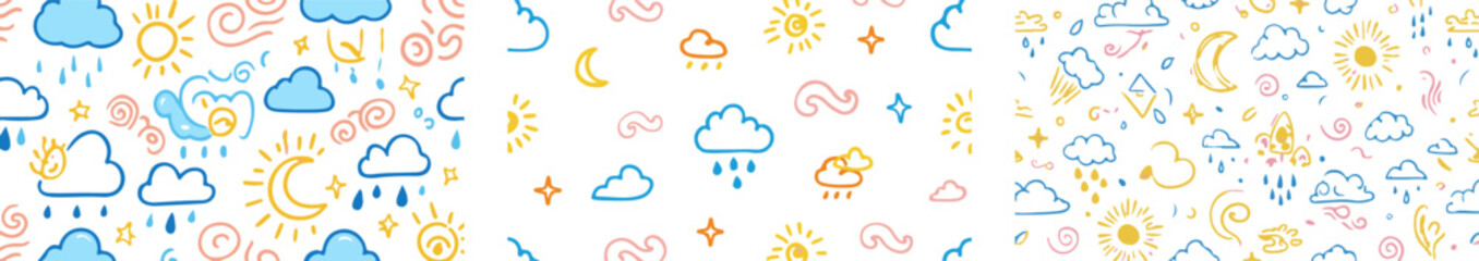 Weather Icon Pattern – Cute Clouds, Suns, Moons, Stars & Snowflakes in Blue, Yellow, and Pink on White Background for Seasonal and Kids’ Designs