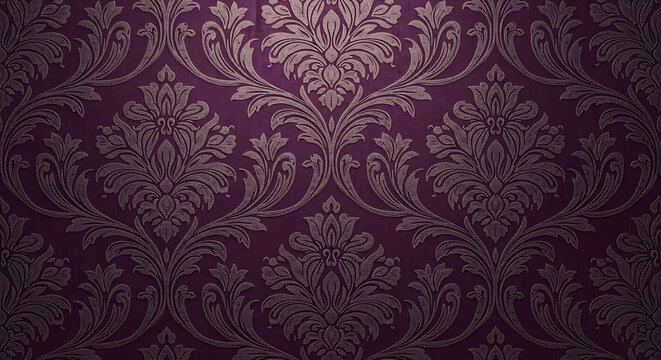 Elegant purple damask wallpaper with a raised textured silvergold floral and acanthus leaf pattern.