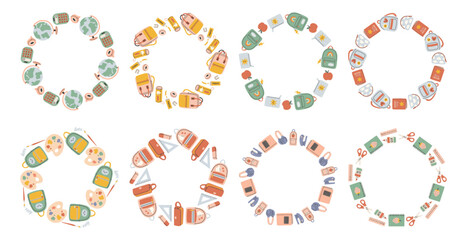 Simple school circle frame set. Round school themed border made of different school objects. Soft pastel colors back to school hand drawn vector banner isolated on white background.