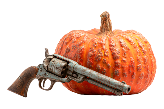 Halloween pumpkin and gun isolated on white
