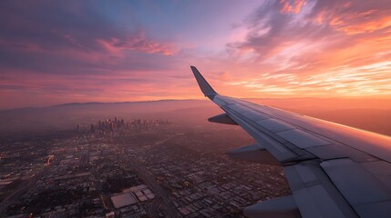 Fototapeta premium Flying Above City at Sunrise with Airplane Wing in View