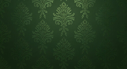 Elegant dark green damask wallpaper with a repeating embossed floral and acanthus leaf pattern.