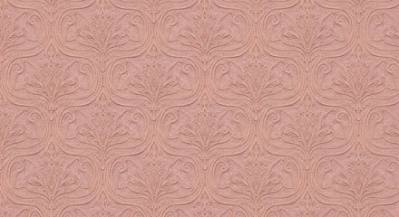 Elegant dusty pink embossed wallpaper featuring an ornate symmetrical damask pattern with a textured plasterlike finish.