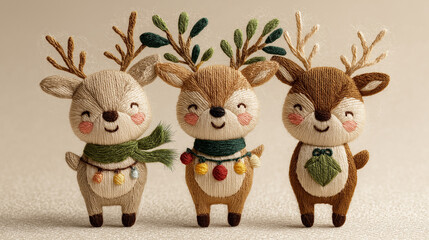 Fototapeta premium Festive Trio: Three adorable, cartoon-style reindeer figures, adorned with charming accessories, stand together in a display of holiday cheer, exuding a warm, inviting atmosphere.
