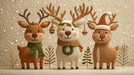 Fototapeta premium Festive Deer Trio: Three adorable reindeer adorned with festive attire stand together against a delicate backdrop, evoking the warmth and joy of the holiday season.