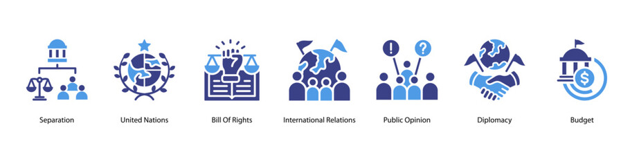 Political Foundations web banner icon vector illustration for separation of power, United Nations, Bill of Rights, international relations, public opinion, diplomacy, and budget.