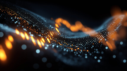 Digital Wave of Connectivity: Dynamic visual of interconnected data points flowing in a fluid wave, with a gradient color scheme of luminous blues and oranges.
