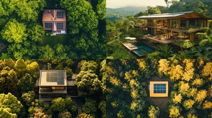 Four homes, varying in size and design, nestled within dense green forests