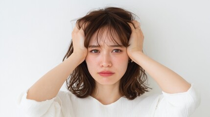 Fototapeta premium 頭を抱えて困惑の表情を浮かべる女性 白背景で感情を表現