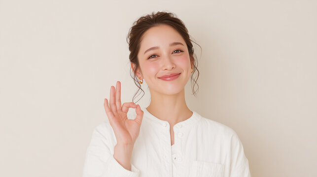 OKサインを手で示す笑顔の女性　明るい表情と安心感のあるジェスチャー